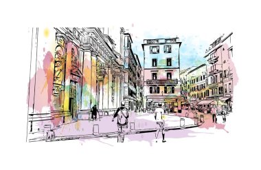 Print Building view with landmark of Ligria is a region of Italy. Vektörde elle çizilmiş resim ile suluboya sıçraması.