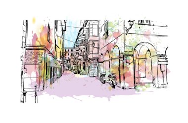 Print Building view with landmark of Ligria is a region of Italy. Vektörde elle çizilmiş resim ile suluboya sıçraması.