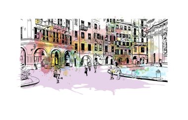 Print Building view with landmark of Ligria is a region of Italy. Vektörde elle çizilmiş resim ile suluboya sıçraması.