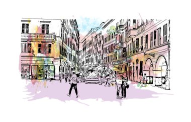 Print Building view with landmark of Ligria is a region of Italy. Vektörde elle çizilmiş resim ile suluboya sıçraması.