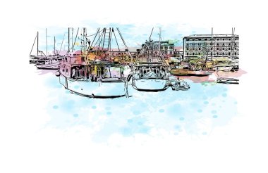 Print Building view with landmark of Ligria is a region of Italy. Vektörde elle çizilmiş resim ile suluboya sıçraması.