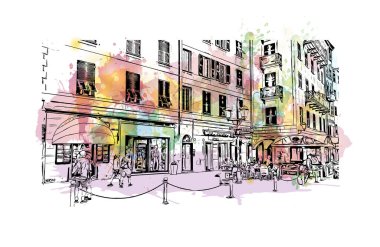 Print Building view with landmark of Ligria is a region of Italy. Vektörde elle çizilmiş resim ile suluboya sıçraması.