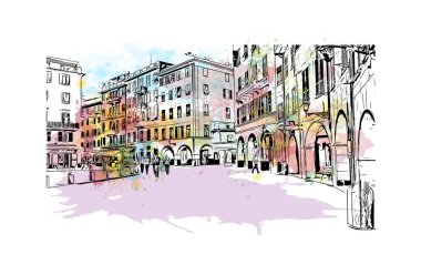 Print Building view with landmark of Ligria is a region of Italy. Vektörde elle çizilmiş resim ile suluboya sıçraması.