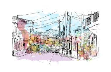 Santa Maria Cape Verde, Cape Verde 'de yer alan bir şehirdir. Vektörde elle çizilmiş resim ile suluboya sıçraması.