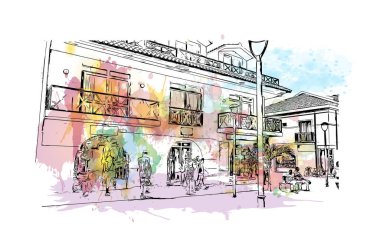 Santa Maria Cape Verde, Cape Verde 'de yer alan bir şehirdir. Vektörde elle çizilmiş resim ile suluboya sıçraması.