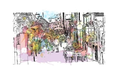 Santa Maria Cape Verde, Cape Verde 'de yer alan bir şehirdir. Vektörde elle çizilmiş resim ile suluboya sıçraması.