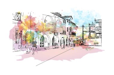 Santa Maria Cape Verde, Cape Verde 'de yer alan bir şehirdir. Vektörde elle çizilmiş resim ile suluboya sıçraması.