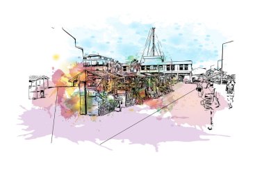 Santa Maria Cape Verde, Cape Verde 'de yer alan bir şehirdir. Vektörde elle çizilmiş resim ile suluboya sıçraması.