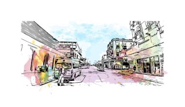 Print Building view with landmark of Springs, ABD 'de bir şehirdir. Vektörde elle çizilmiş resim ile suluboya sıçraması.