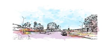 Print Building view with landmark of Springs, ABD 'de bir şehirdir. Vektörde elle çizilmiş resim ile suluboya sıçraması.