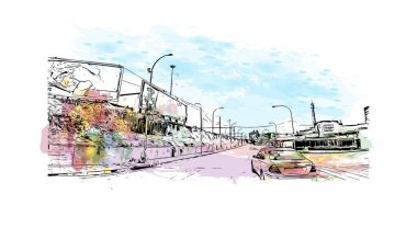 Print Building view with landmark of Springs, ABD 'de bir şehirdir. Vektörde elle çizilmiş resim ile suluboya sıçraması.