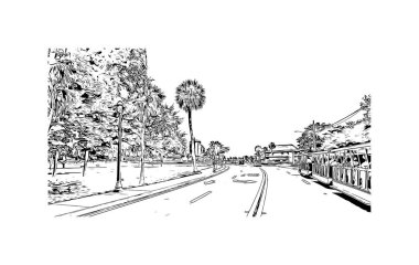 St. Augustine 'in simgesi olan Print Building View, ABD' deki bir şehirdir. Vektörde elle çizilmiş çizim çizimi.