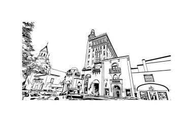 St. Augustine 'in simgesi olan Print Building View, ABD' deki bir şehirdir. Vektörde elle çizilmiş çizim çizimi.