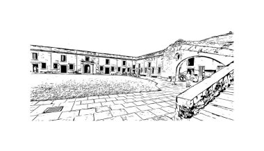 St. Augustine 'in simgesi olan Print Building View, ABD' deki bir şehirdir. Vektörde elle çizilmiş çizim çizimi.