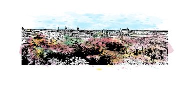 St. Augustine 'in simgesi olan Print Building View, ABD' deki bir şehirdir. Vektörde elle çizilmiş resim ile suluboya sıçraması.