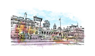 St. Augustine 'in simgesi olan Print Building View, ABD' deki bir şehirdir. Vektörde elle çizilmiş resim ile suluboya sıçraması.
