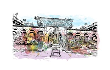 St. Augustine 'in simgesi olan Print Building View, ABD' deki bir şehirdir. Vektörde elle çizilmiş resim ile suluboya sıçraması.