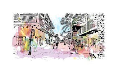 St. Augustine 'in simgesi olan Print Building View, ABD' deki bir şehirdir. Vektörde elle çizilmiş resim ile suluboya sıçraması.