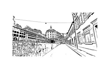 St. Gallen manzaralı Print Building İsviçre 'de bir şehirdir. Vektörde elle çizilmiş çizim çizimi.