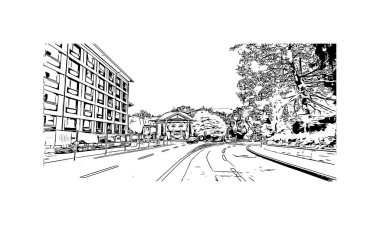 St. Gallen manzaralı Print Building İsviçre 'de bir şehirdir. Vektörde elle çizilmiş çizim çizimi.