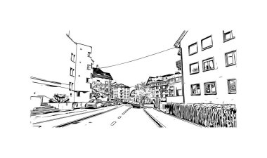 St. Gallen manzaralı Print Building İsviçre 'de bir şehirdir. Vektörde elle çizilmiş çizim çizimi.
