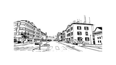 St. Gallen manzaralı Print Building İsviçre 'de bir şehirdir. Vektörde elle çizilmiş çizim çizimi.