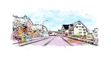 St. Gallen manzaralı Print Building İsviçre 'de bir şehirdir. Vektörde elle çizilmiş resim ile suluboya sıçraması.