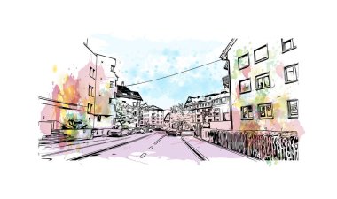 St. Gallen manzaralı Print Building İsviçre 'de bir şehirdir. Vektörde elle çizilmiş resim ile suluboya sıçraması.