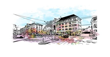 St. Gallen manzaralı Print Building İsviçre 'de bir şehirdir. Vektörde elle çizilmiş resim ile suluboya sıçraması.