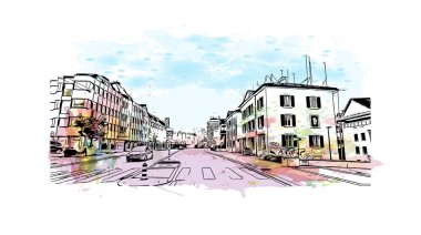 St. Gallen manzaralı Print Building İsviçre 'de bir şehirdir. Vektörde elle çizilmiş resim ile suluboya sıçraması.