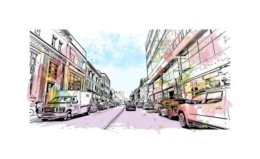 Baskı Binası, Newfoundland ve Labrador 'un başkenti ve en büyük şehridir. Vektörde elle çizilmiş resim ile suluboya sıçraması.