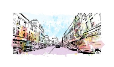 Baskı Binası, Newfoundland ve Labrador 'un başkenti ve en büyük şehridir. Vektörde elle çizilmiş resim ile suluboya sıçraması.