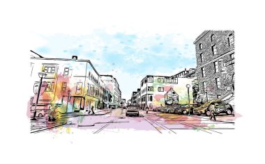 Baskı Binası, Newfoundland ve Labrador 'un başkenti ve en büyük şehridir. Vektörde elle çizilmiş resim ile suluboya sıçraması.