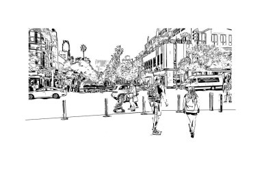 Santa Monica 'nın simgesi olan Print Building Vilayeti, Los Angeles' taki bir şehirdir. Vektörde elle çizilmiş çizim çizimi.