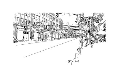 Santa Monica 'nın simgesi olan Print Building Vilayeti, Los Angeles' taki bir şehirdir. Vektörde elle çizilmiş çizim çizimi.