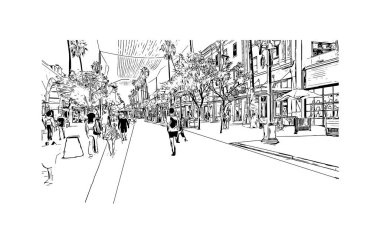 Santa Monica 'nın simgesi olan Print Building Vilayeti, Los Angeles' taki bir şehirdir. Vektörde elle çizilmiş çizim çizimi.