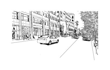 Santa Monica 'nın simgesi olan Print Building Vilayeti, Los Angeles' taki bir şehirdir. Vektörde elle çizilmiş çizim çizimi.
