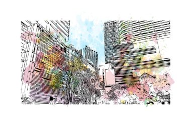 Santa Monica 'nın simgesi olan Print Building Vilayeti, Los Angeles' taki bir şehirdir. Vektörde elle çizilmiş resim ile suluboya sıçraması.