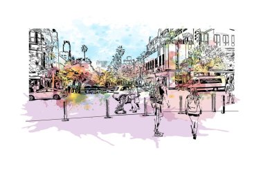 Santa Monica 'nın simgesi olan Print Building Vilayeti, Los Angeles' taki bir şehirdir. Vektörde elle çizilmiş resim ile suluboya sıçraması.
