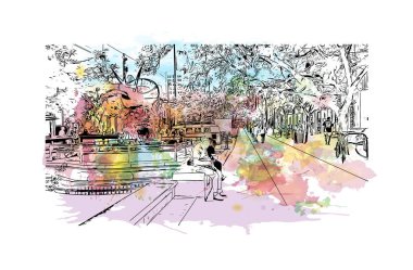 Santa Monica 'nın simgesi olan Print Building Vilayeti, Los Angeles' taki bir şehirdir. Vektörde elle çizilmiş resim ile suluboya sıçraması.