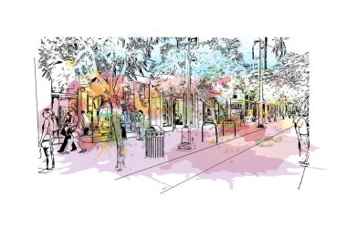Santa Monica 'nın simgesi olan Print Building Vilayeti, Los Angeles' taki bir şehirdir. Vektörde elle çizilmiş resim ile suluboya sıçraması.