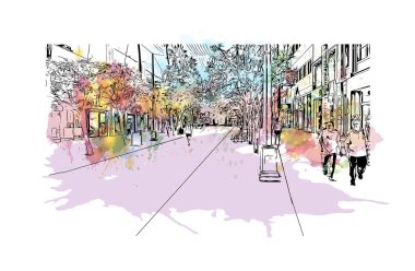 Santa Monica 'nın simgesi olan Print Building Vilayeti, Los Angeles' taki bir şehirdir. Vektörde elle çizilmiş resim ile suluboya sıçraması.