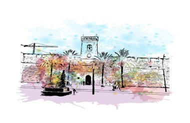 Santa Pola, İspanya 'da Santa Pola eyaletinde yer alan bir şehirdir. Vektörde elle çizilmiş resim ile suluboya sıçraması.