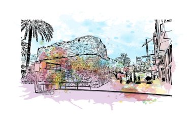 Santa Pola, İspanya 'da Santa Pola eyaletinde yer alan bir şehirdir. Vektörde elle çizilmiş resim ile suluboya sıçraması.