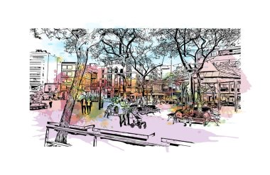 Santa Pola, İspanya 'da Santa Pola eyaletinde yer alan bir şehirdir. Vektörde elle çizilmiş resim ile suluboya sıçraması.