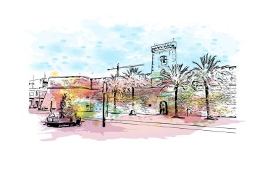 Santa Pola, İspanya 'da Santa Pola eyaletinde yer alan bir şehirdir. Vektörde elle çizilmiş resim ile suluboya sıçraması.