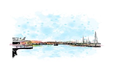 Santa Pola, İspanya 'da Santa Pola eyaletinde yer alan bir şehirdir. Vektörde elle çizilmiş resim ile suluboya sıçraması.