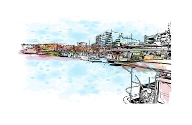 Santa Pola, İspanya 'da Santa Pola eyaletinde yer alan bir şehirdir. Vektörde elle çizilmiş resim ile suluboya sıçraması.