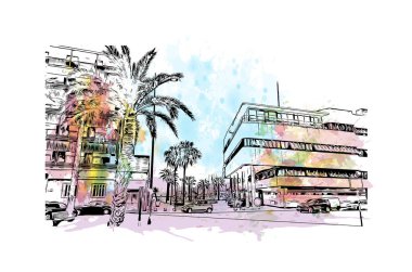 Santa Pola, İspanya 'da Santa Pola eyaletinde yer alan bir şehirdir. Vektörde elle çizilmiş resim ile suluboya sıçraması.