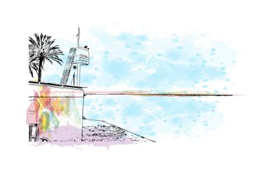 Santa Pola, İspanya 'da Santa Pola eyaletinde yer alan bir şehirdir. Vektörde elle çizilmiş resim ile suluboya sıçraması.